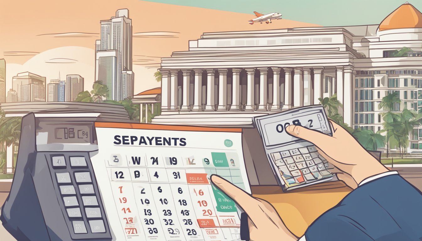 A person explains OCBC Cash-on-Instalments terms. A calendar shows repayment period. Singapore landmarks in background