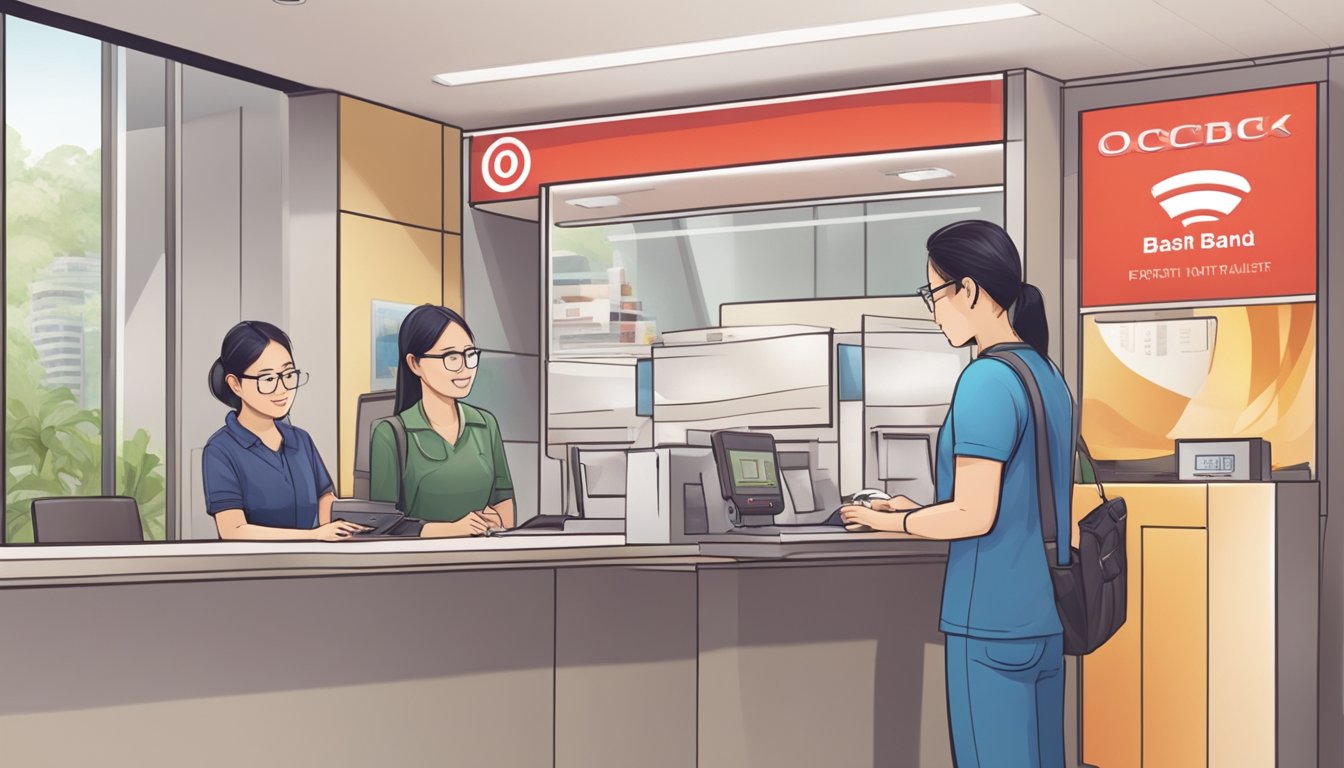 A person making a payment at an OCBC bank branch in Singapore. The cashier processing the cash-on-installments repayment for a loan