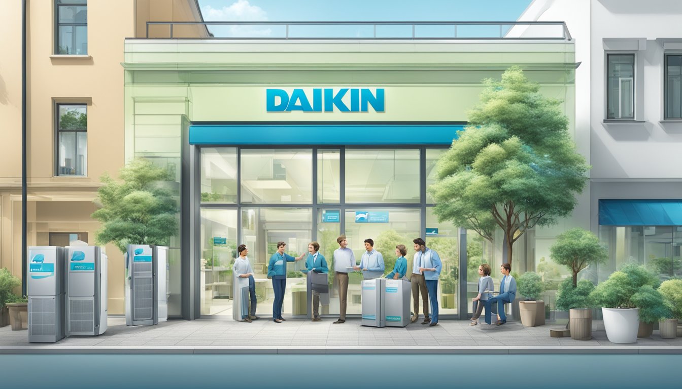 A group of daikin retailers gather to discuss support and sustainability, surrounded by energy-efficient products and eco-friendly materials