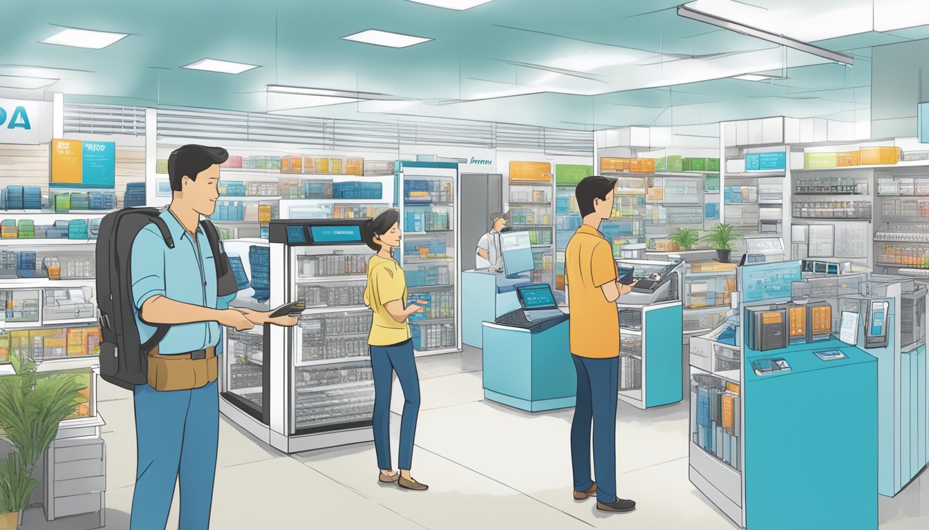 A busy retail store with customers browsing Daikin products, sales representatives assisting, and a prominent "Frequently Asked Questions" display