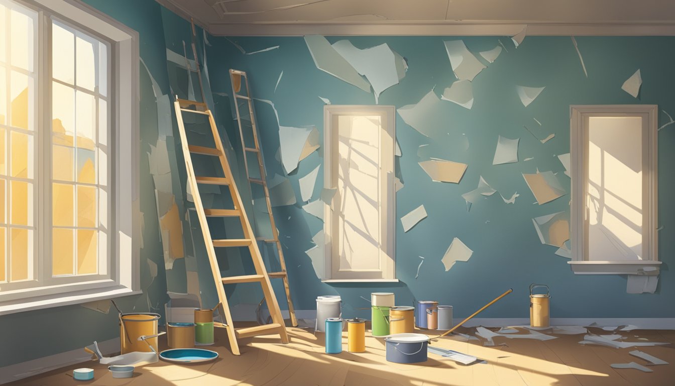 A dusty room with peeling wallpaper, scattered tools, and paint cans. A ladder leans against the wall, and sunlight streams through a cracked window