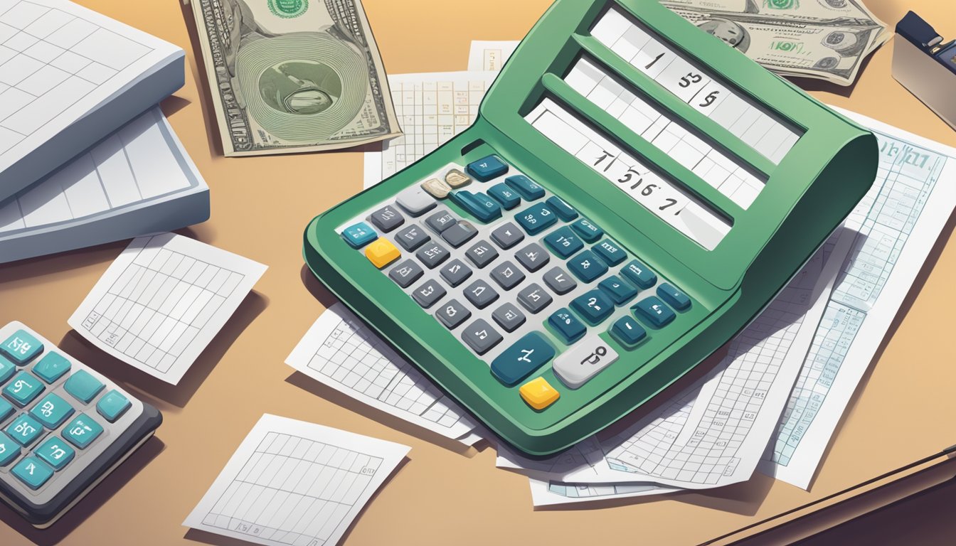 A calendar with marked payment dates, a stack of cash, and a calculator on a desk