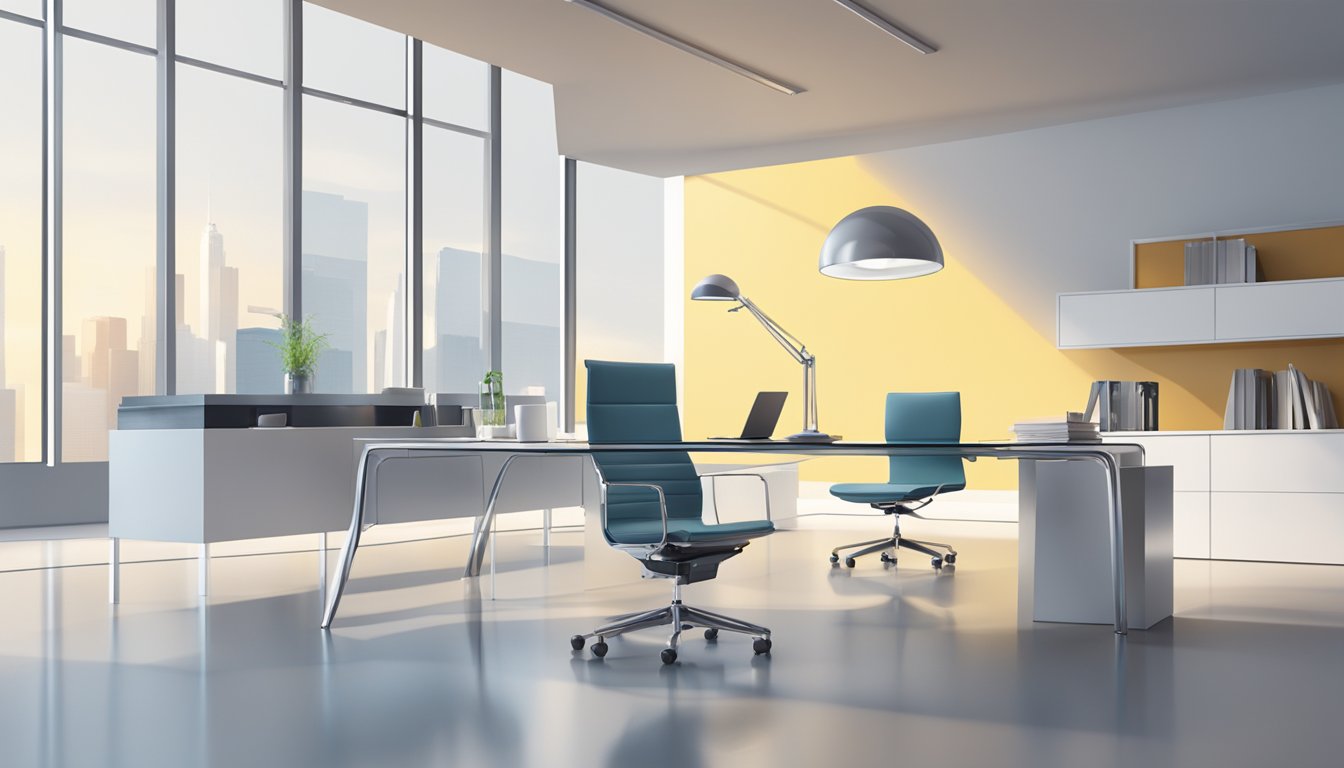 A sleek, modern office table with a glass top and chrome legs, surrounded by ergonomic chairs and a minimalist desk lamp