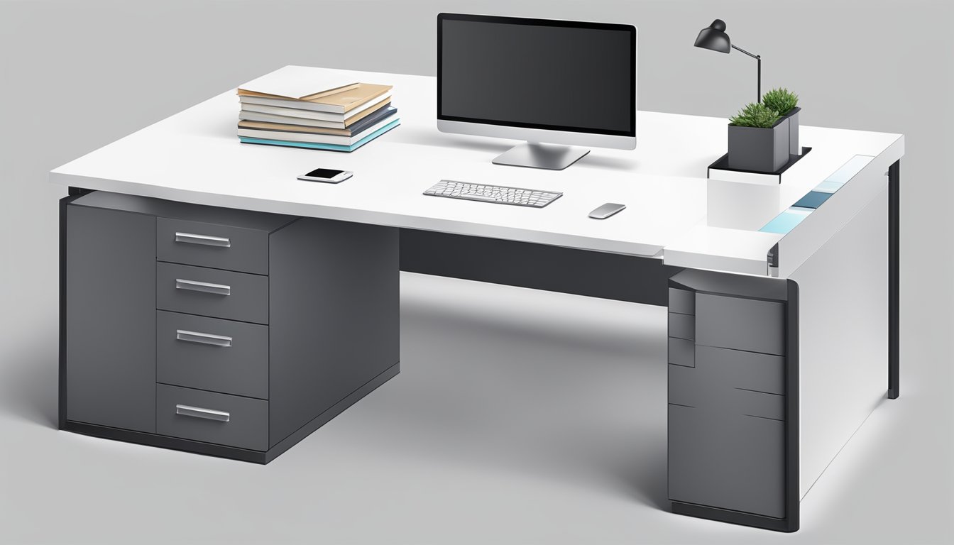 A sleek, modern office table with clean lines, minimalistic design, and integrated storage compartments