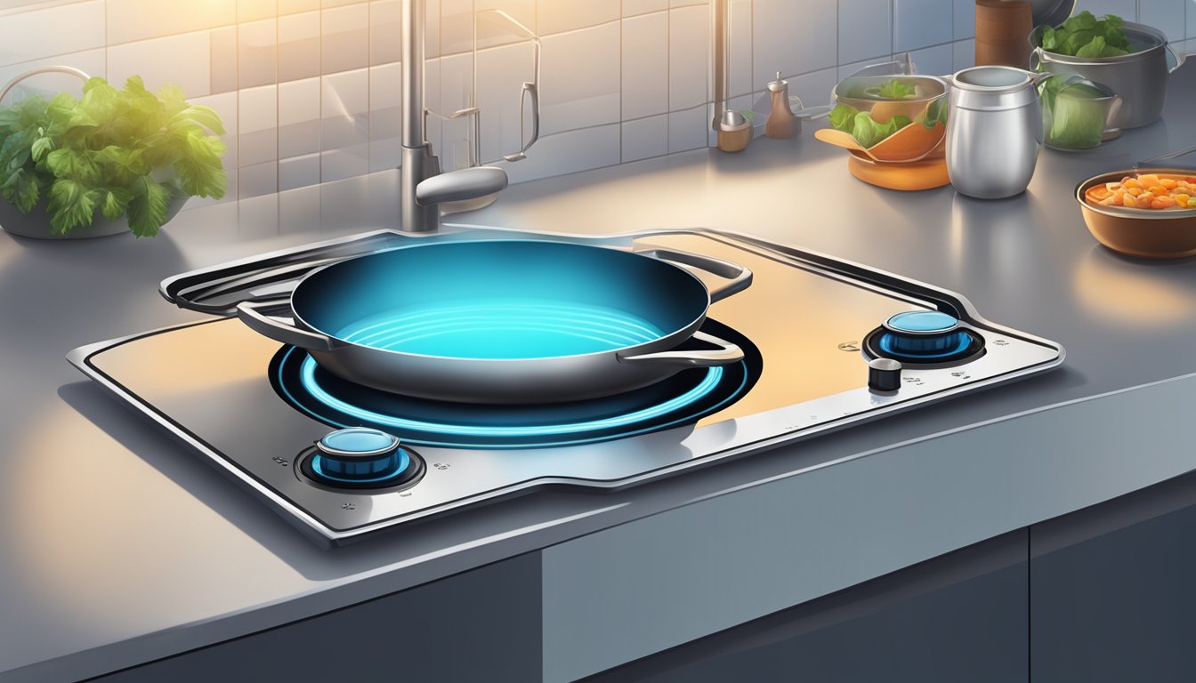 A sleek induction hob in a modern Singapore kitchen, emitting a soft blue glow while heating a pot of steaming soup