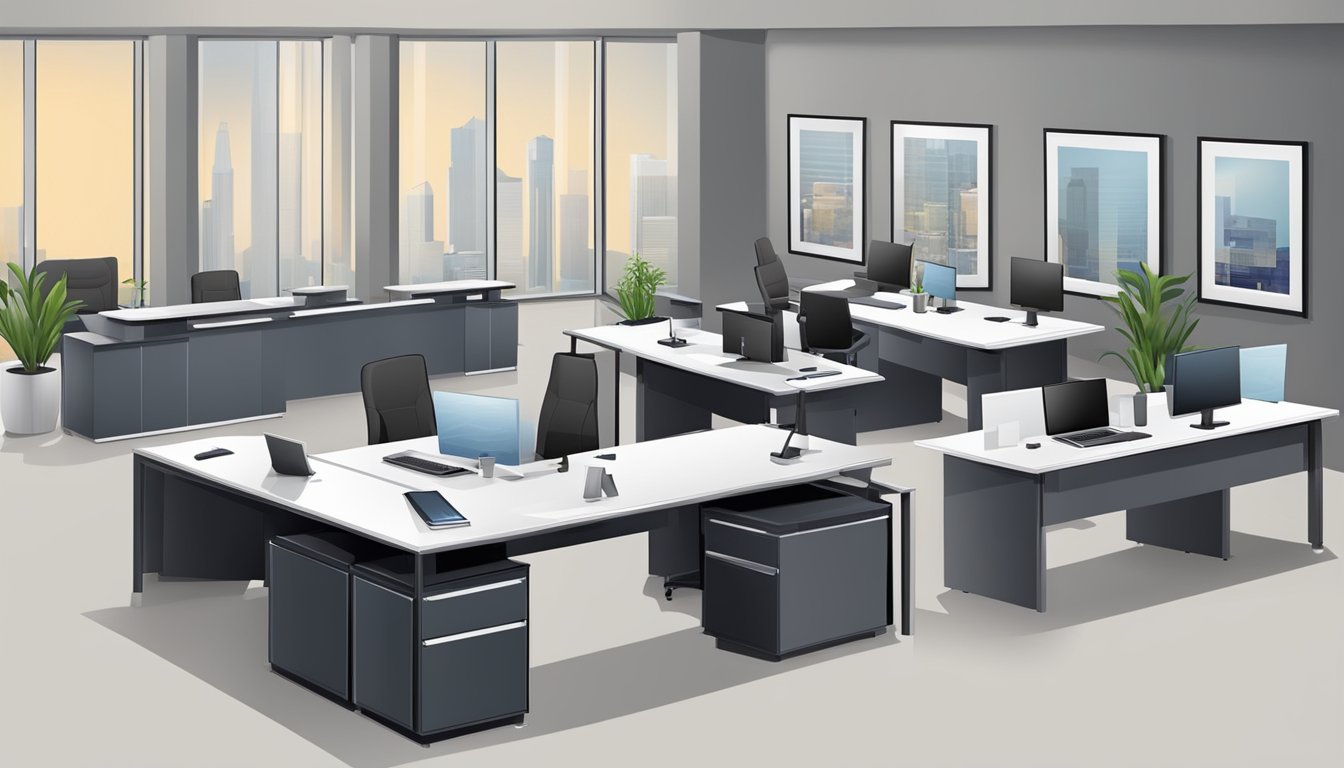 Various office tables: executive desk, conference table, standing desk, and reception desk. Each serves a different purpose in a professional setting