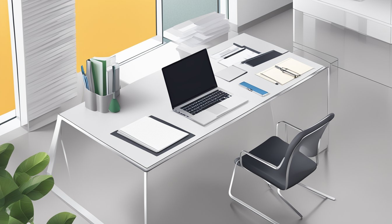 A sleek, modern office table with a clean, minimalist design and a stack of neatly organized papers and folders