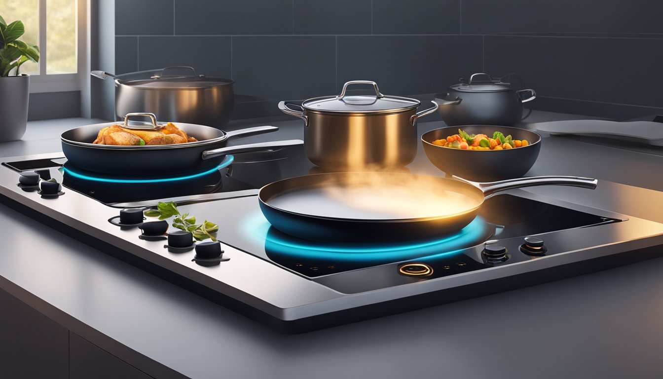 A sleek induction hob gleams under soft lighting, with touch controls and glowing heat indicators. Surrounding pots and pans emit steam as they sit on the hob's smooth surface