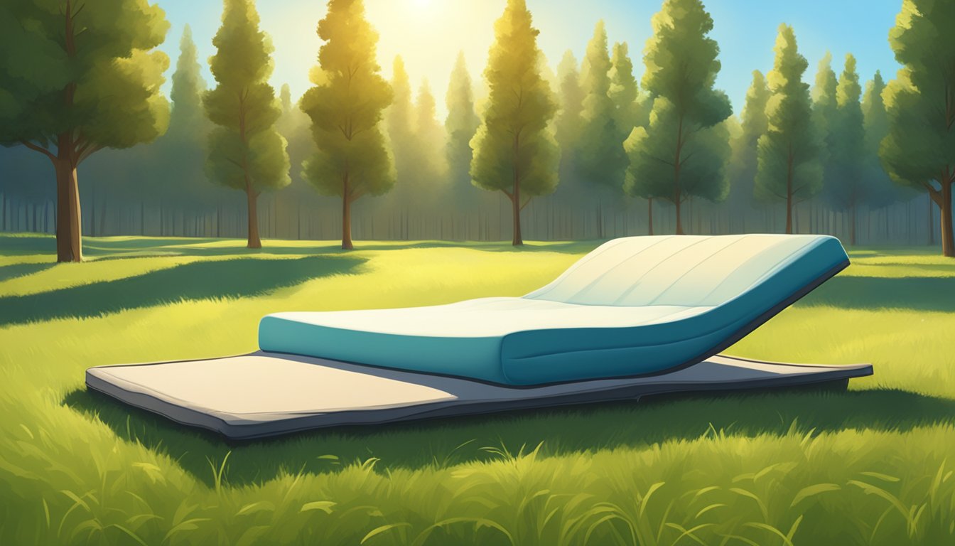 A portable mattress lays on a grassy field under a clear blue sky. It is surrounded by trees and the sun is shining down, casting shadows on the ground