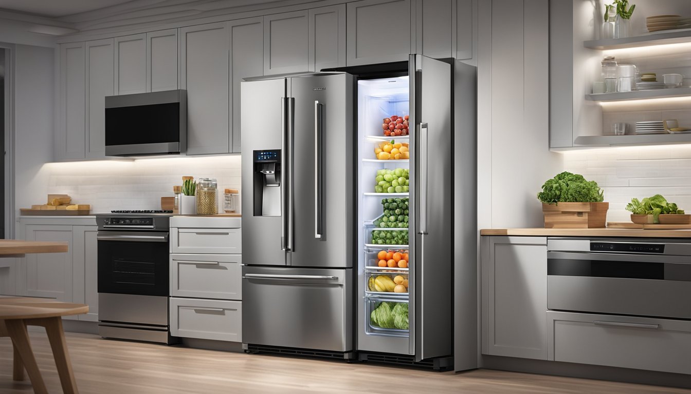 An inverter fridge stands tall in a modern kitchen, its sleek design and stainless steel finish catching the light. The door is slightly ajar, revealing neatly organized shelves stocked with fresh produce and beverages