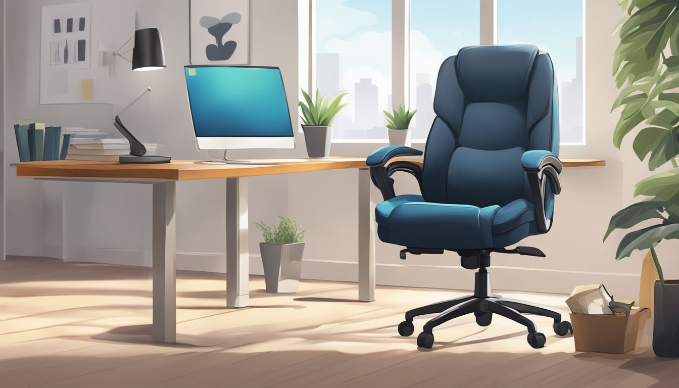 A cozy office chair, priced affordably, sits in a well-lit room, inviting comfort and productivity