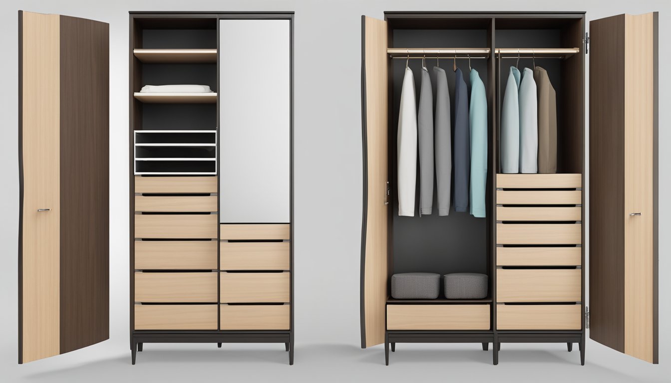 A tall wardrobe cabinet stands against a plain wall, with multiple shelves and drawers for storage. The sleek design and functionality are emphasized through clean lines and modern hardware