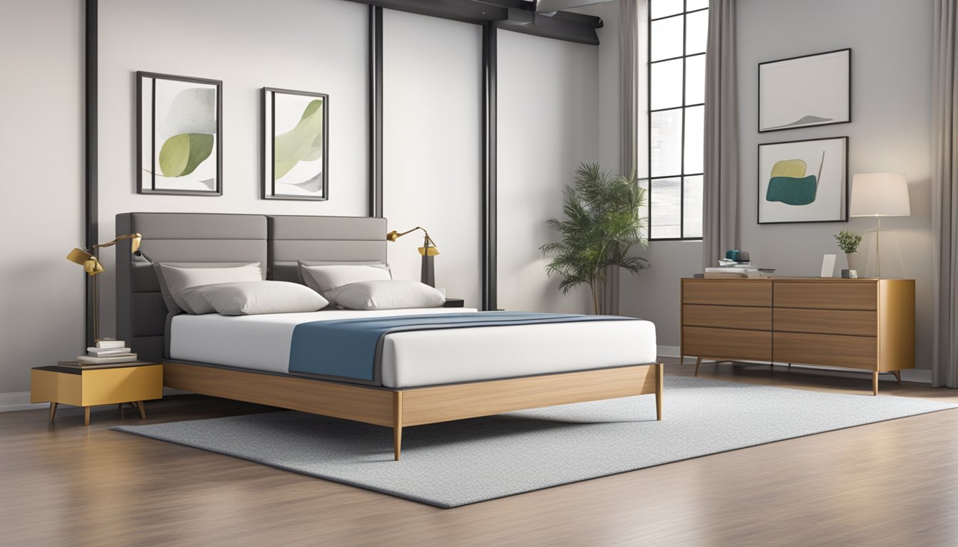 A bed frame and mattress are displayed in a bright, spacious showroom with a large promotional sign above them
