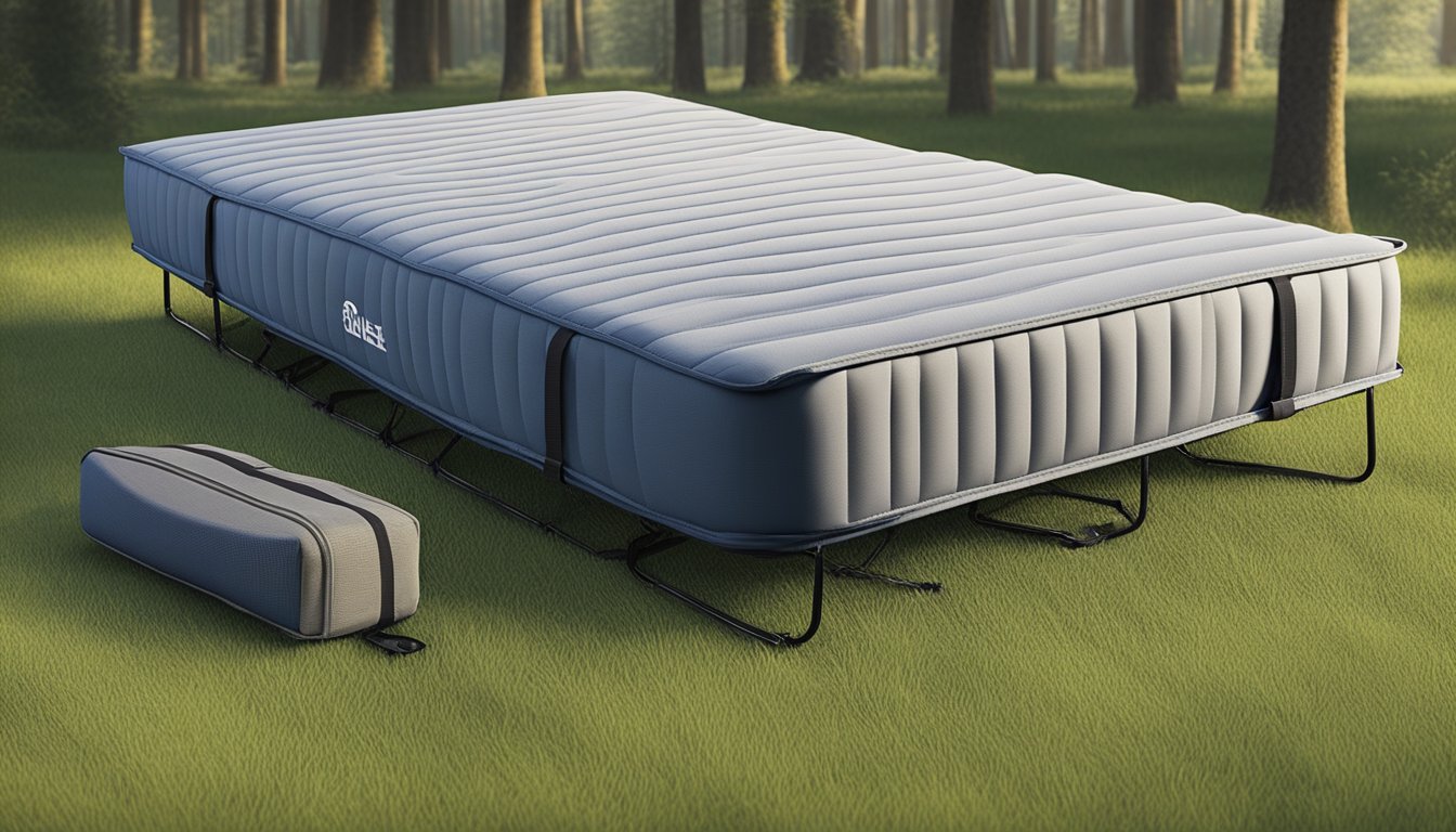 A portable mattress unfolds on a grassy ground, with a compact size and lightweight material for easy transport. It features a durable cover and firm yet comfortable padding, perfect for outdoor activities or temporary sleeping arrangements