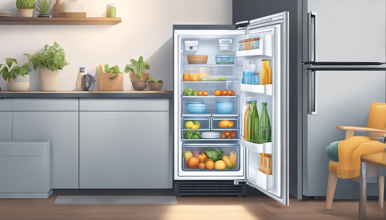A hand reaching for the inverter fridge door, revealing the interior technology and components