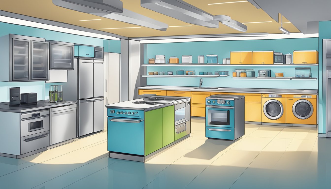 A brightly lit showroom displays a variety of modern appliances, neatly arranged on sleek countertops and shelves. A helpful salesperson assists a customer in making a decision