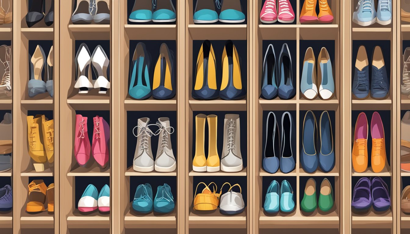 A shoe cabinet with adjustable shelves, measuring 12 inches in depth, neatly organized with various pairs of shoes