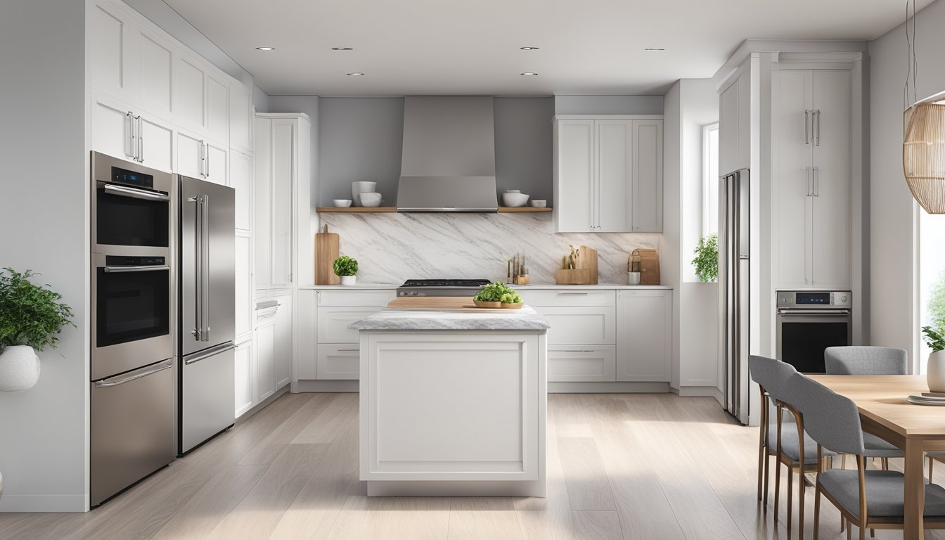 A kitchen with a sleek, modern inverter fridge standing against a clean, white wall, surrounded by other stainless steel appliances and a marble countertop