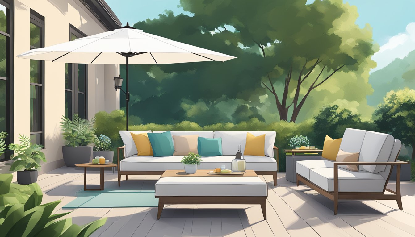 A cozy outdoor patio with a sleek dining set, comfortable lounge chairs, and a stylish umbrella, all set against a backdrop of lush greenery and a clear blue sky