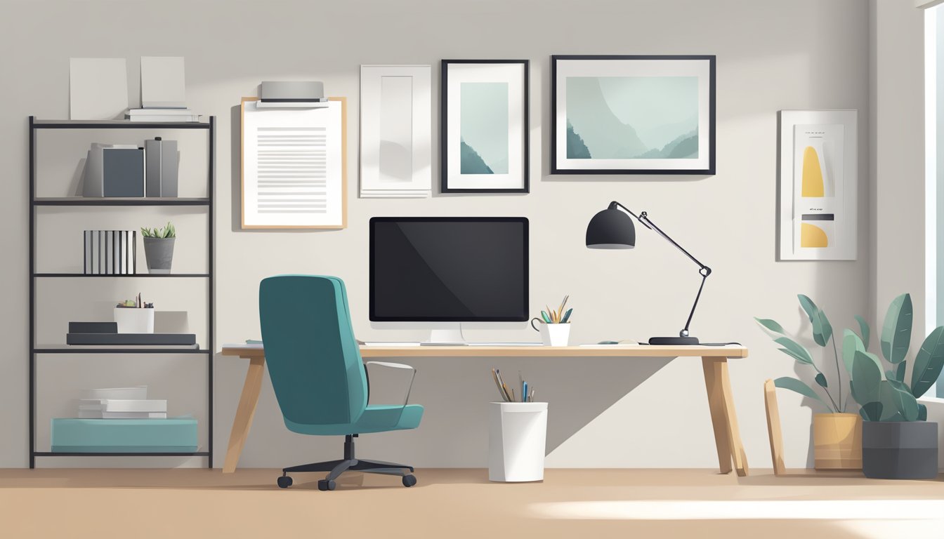 A minimalist desk with a clean, uncluttered workspace, featuring simple stationery and a sleek, functional lamp