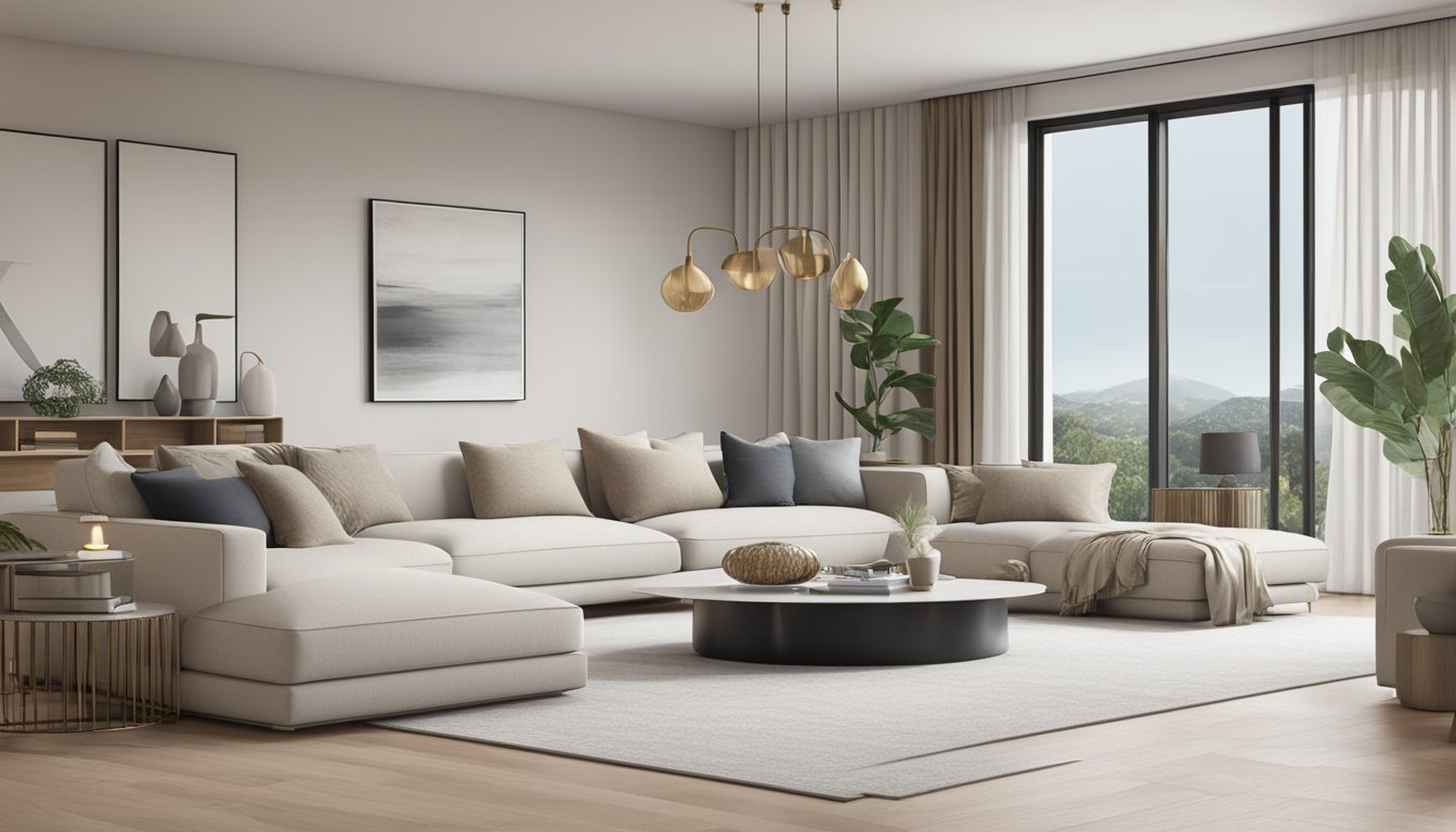 A modern, minimalist living room with clean lines and neutral colors. A combination of natural materials and sleek finishes gives a sense of understated luxury