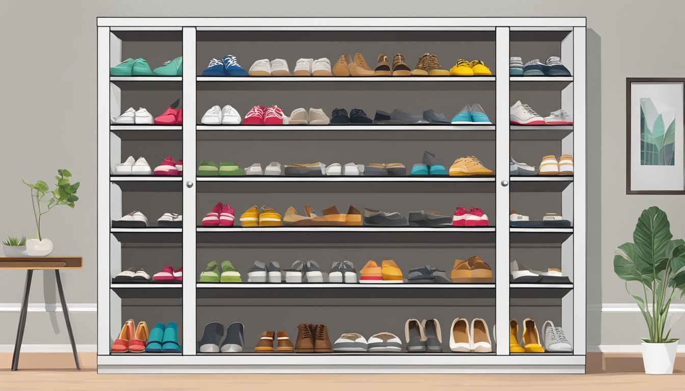 A shoe cabinet with adjustable shelves and clear labeling for easy organization