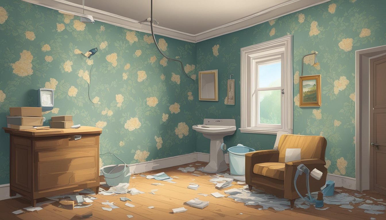 A small, cluttered room with peeling wallpaper and worn-out furniture. A bucket sits in the corner, catching water from a leaky ceiling