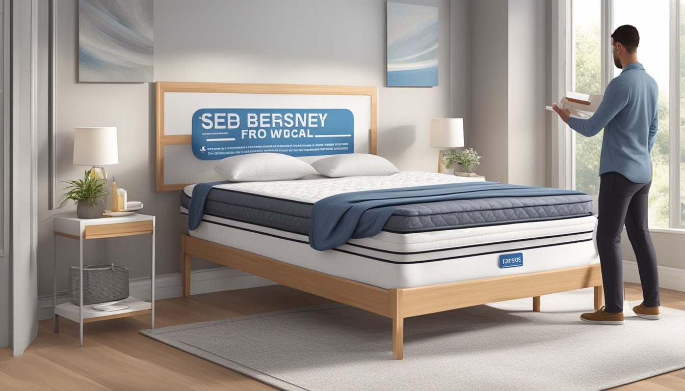 A customer effortlessly selects a bed frame and mattress, with promotional signage clearly displayed. The checkout process is smooth and seamless