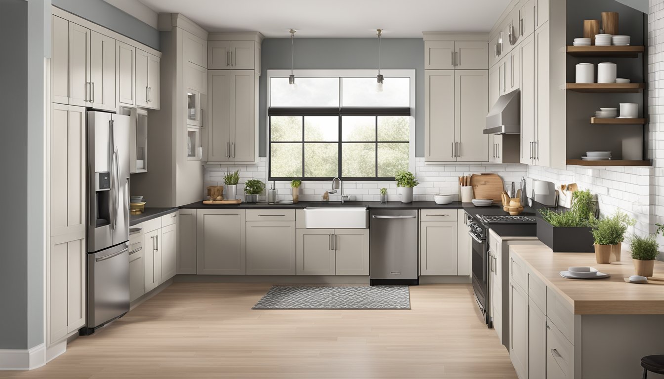 A kitchen with sleek, affordable cabinets in a modern design, featuring clean lines and a neutral color palette