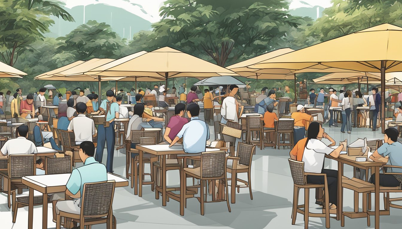 A bustling outdoor furniture sale in Singapore, with customers browsing and staff assisting. Displays of chairs, tables, and umbrellas fill the space