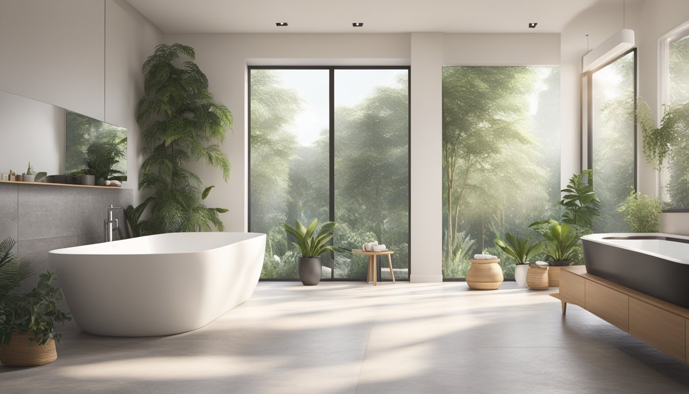 A spacious, modern bathroom with a freestanding tub, large windows, and a minimalist color palette. The room is flooded with natural light, and there are plants and luxurious towels scattered around the space
