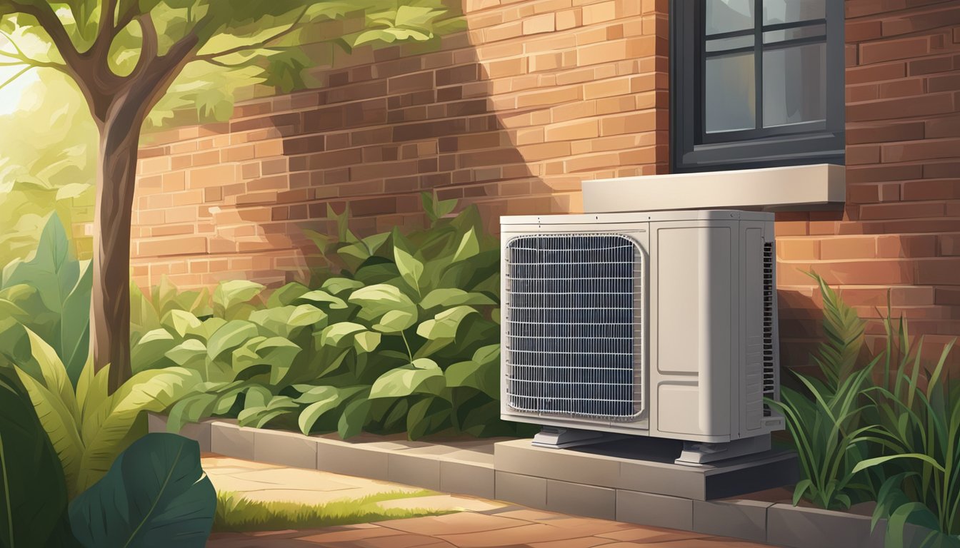 An outdoor air conditioner hums quietly as it sits against a brick wall, surrounded by lush greenery and bathed in warm sunlight