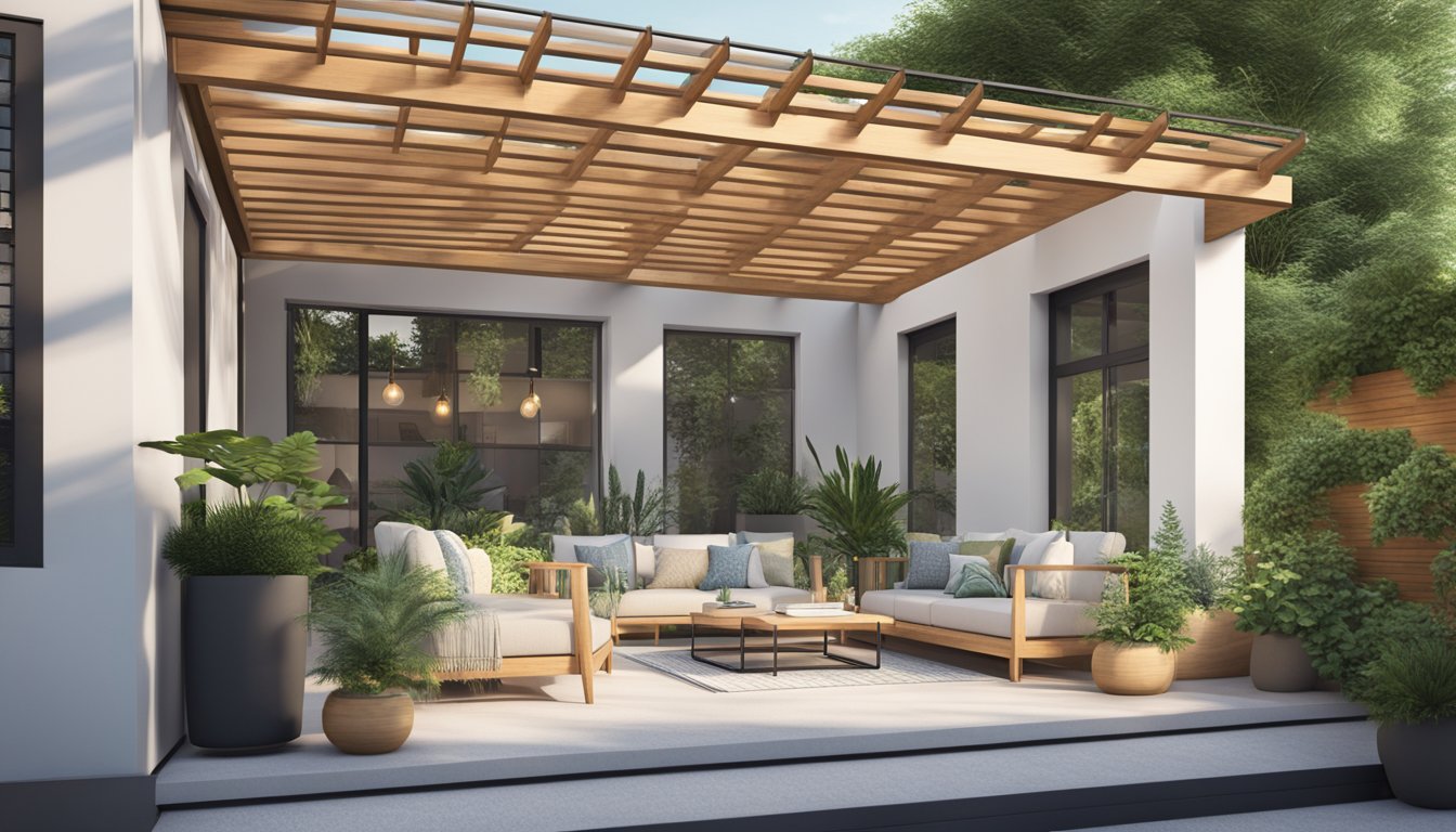 A bright, inviting outdoor space with a modern, minimalist design. A pergola provides shade over a cozy seating area. Lush greenery and potted plants add a touch of nature