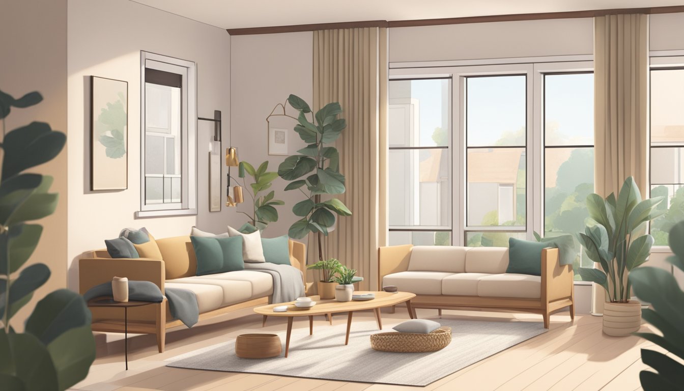 A cozy HDB living room with a neutral color palette, minimal furniture, and plenty of natural light streaming in from large windows