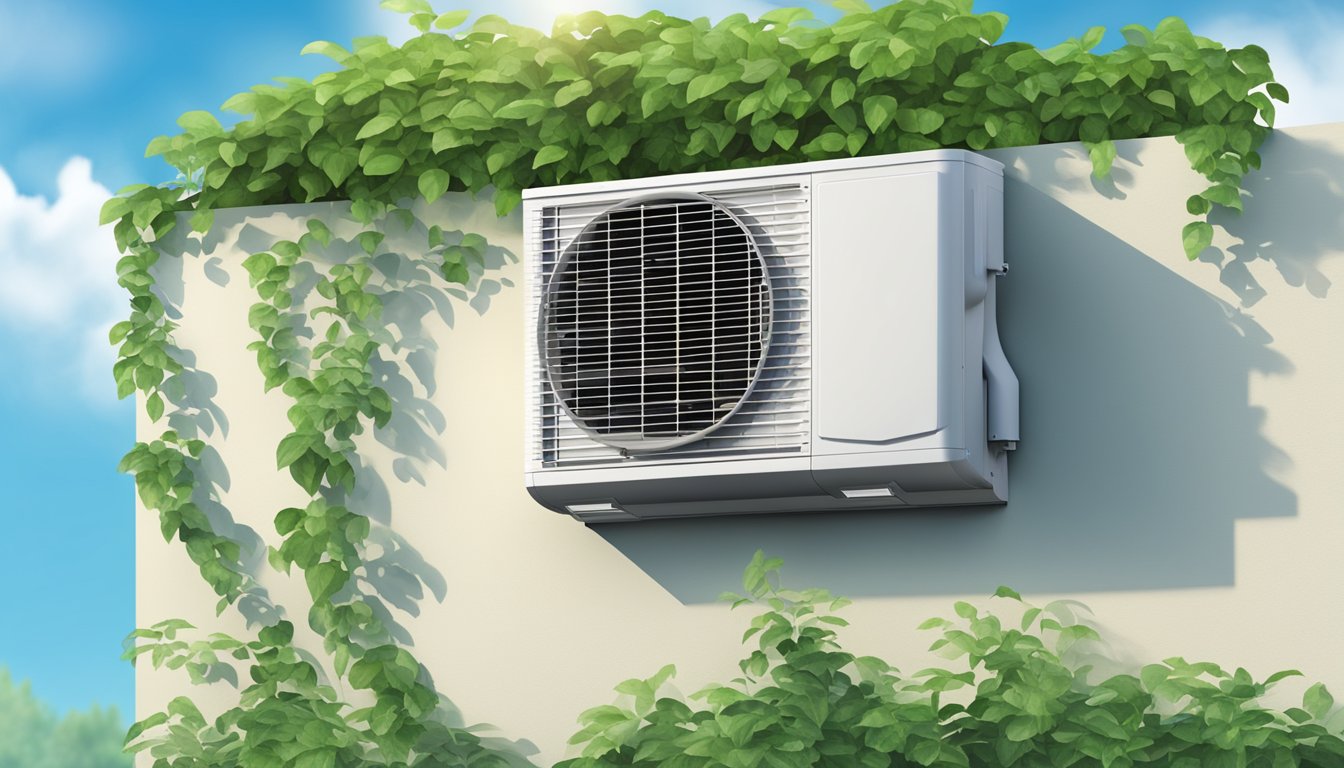 An outdoor air conditioner mounted on a wall, surrounded by greenery and under a clear blue sky