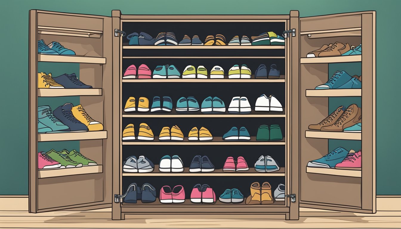 A shoe cabinet with various pairs of shoes neatly organized by depth, with a sign reading "Frequently Asked Questions" above it