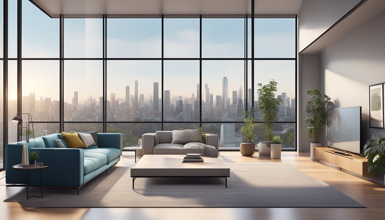 A spacious, sleek modern living room with high ceilings, minimalist furniture, and large windows offering a view of a city skyline