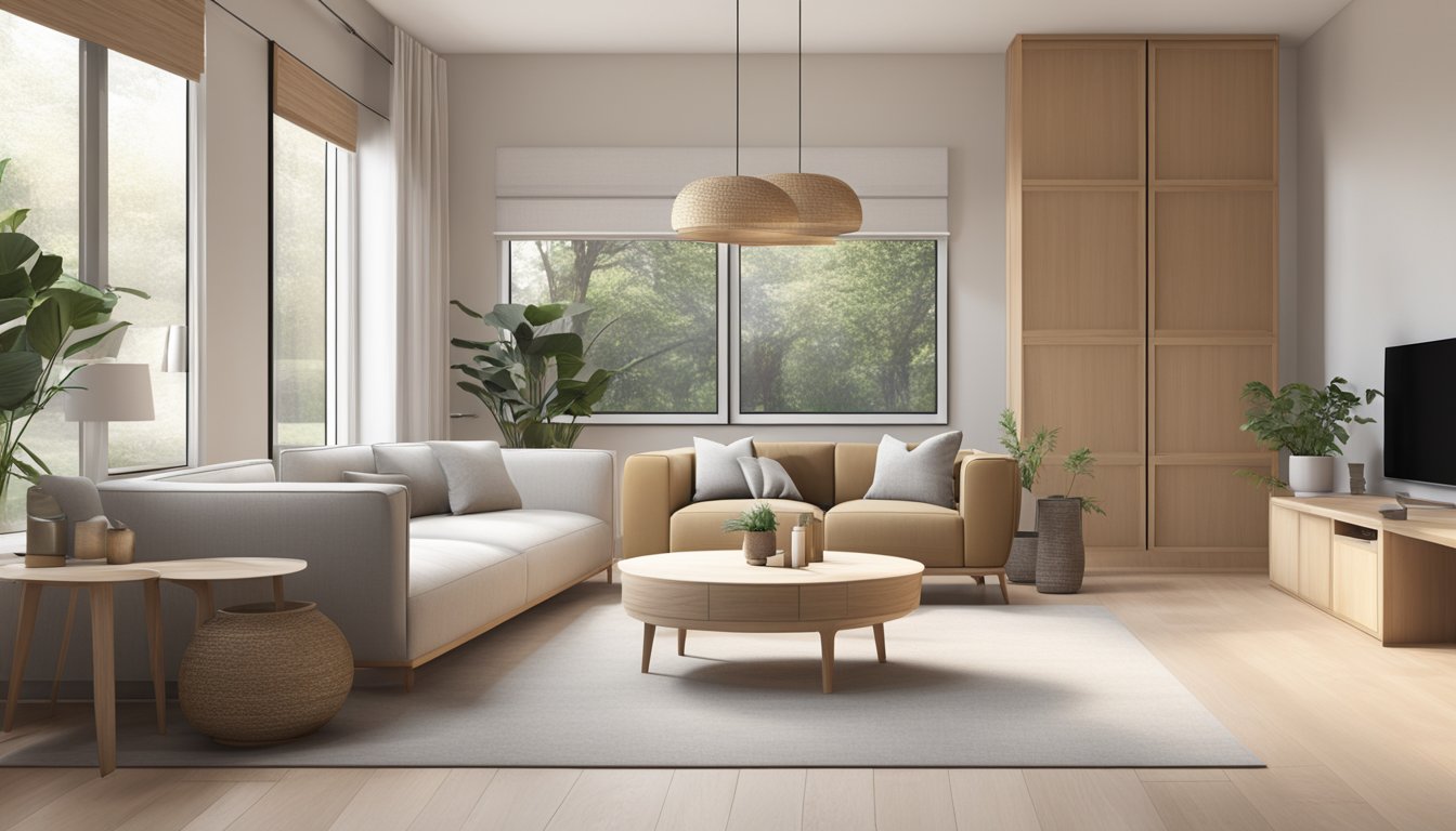 A minimalist living room with natural materials, neutral colors, and functional furniture. Clean lines and uncluttered space create a serene and peaceful atmosphere