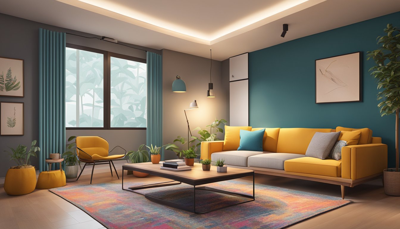 A cozy HDB living room with minimalist furniture, warm lighting, and a pop of color in the form of a vibrant rug or accent wall