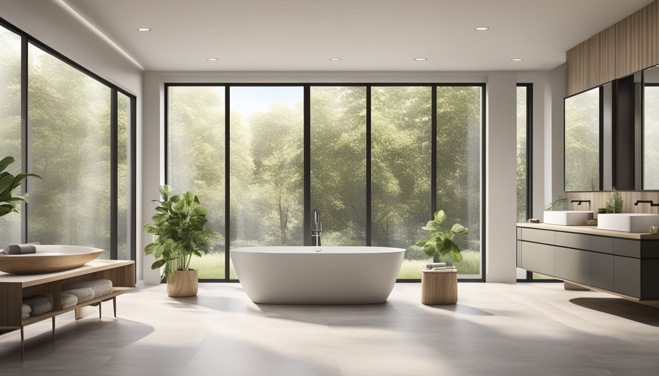 A spacious, modern bathroom with a freestanding tub, large windows, and sleek fixtures. The color palette is neutral with pops of greenery and natural light flooding the space