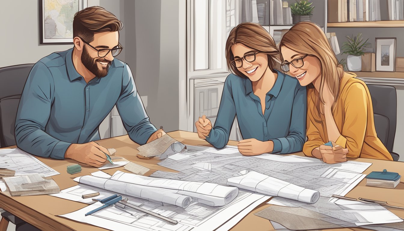 A couple sits at a table, surrounded by blueprints and samples. They point to different design options, excitedly planning their dream home renovation