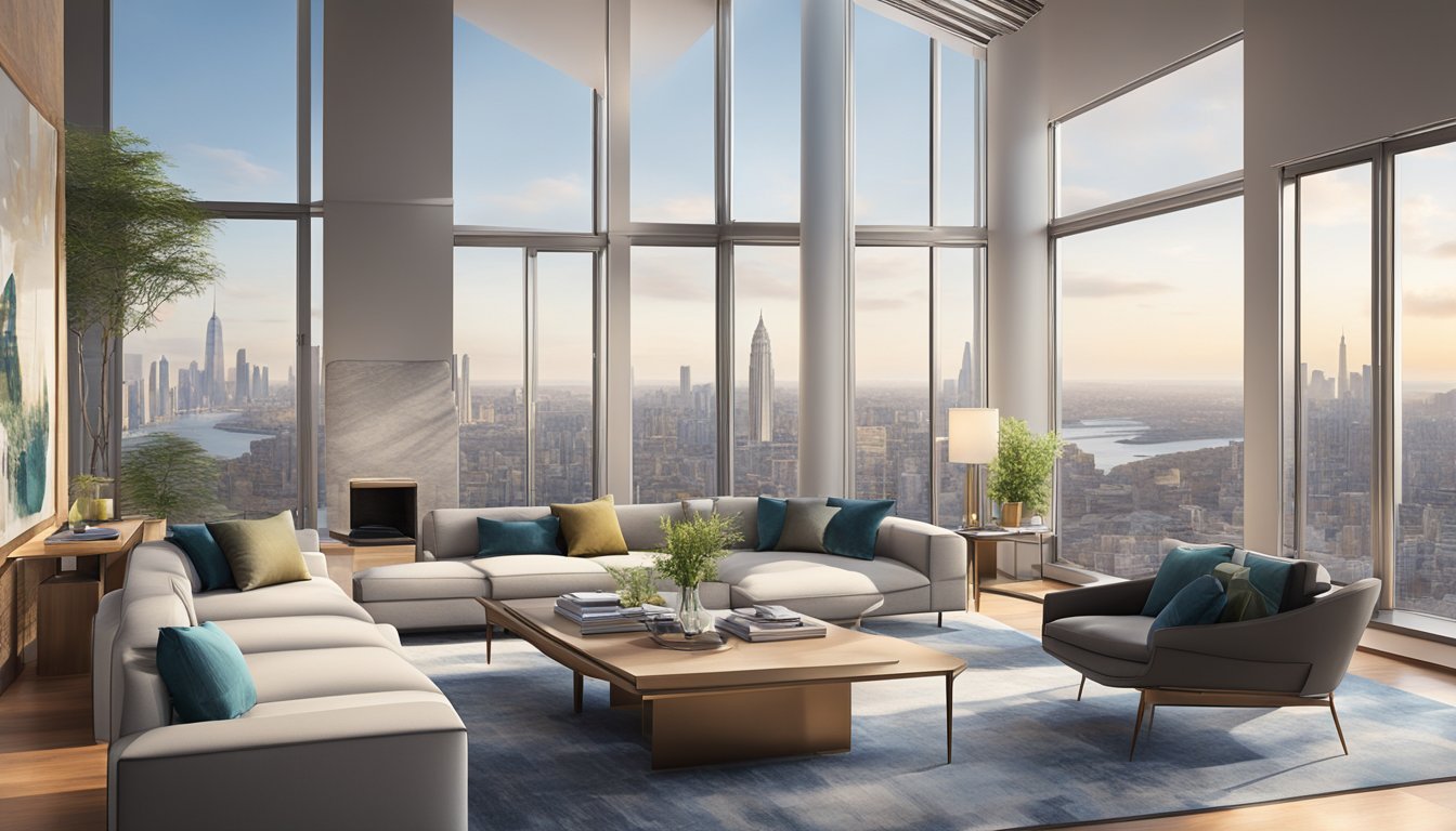 A sleek, open-plan living room with high-end furniture, marble floors, and floor-to-ceiling windows overlooking a city skyline