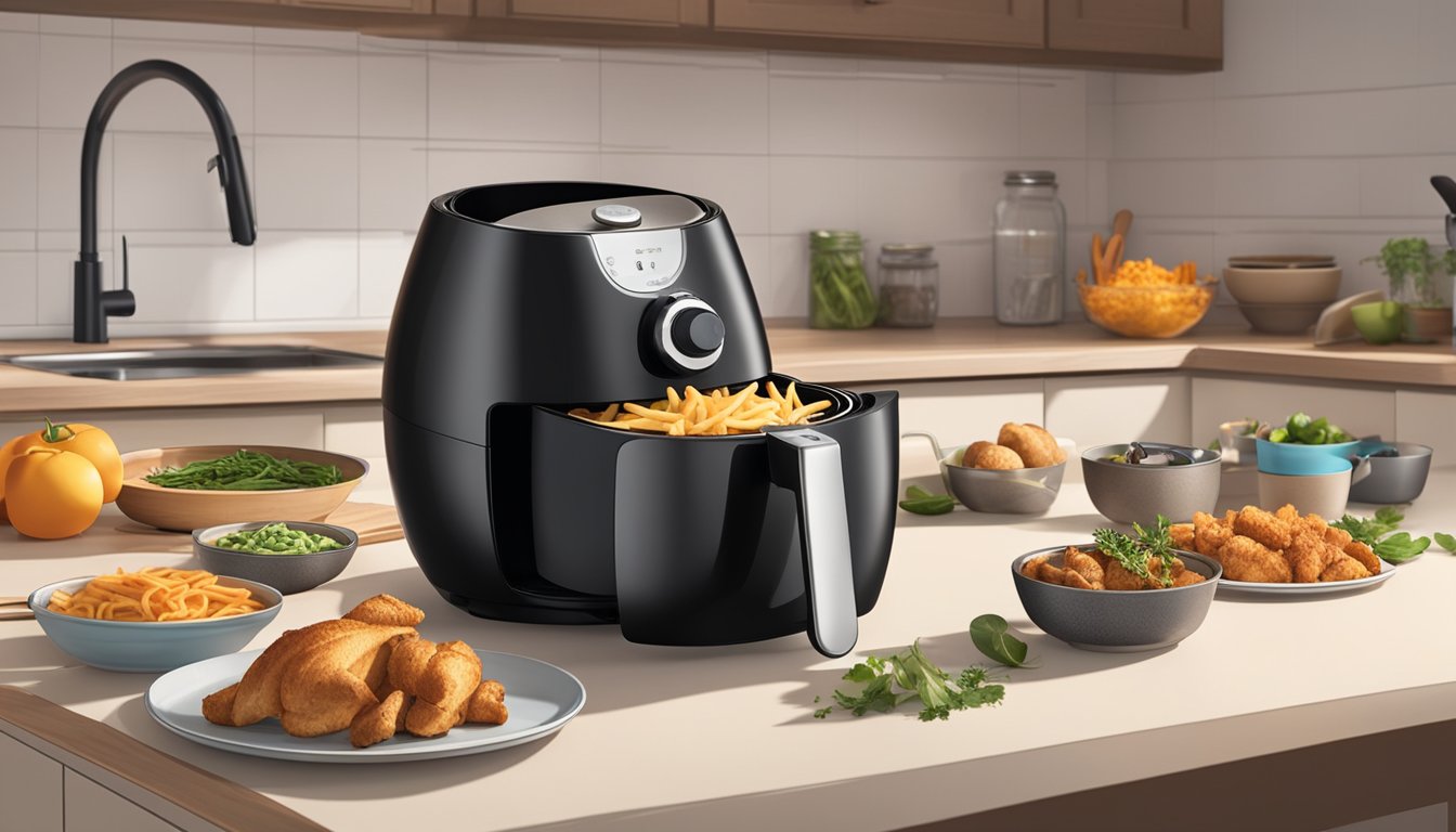 An air fryer sits on a kitchen countertop, surrounded by various cooking utensils and ingredients. The appliance is plugged in and turned on, emitting a warm glow from its interior