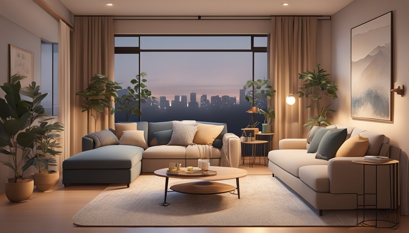 A cozy HDB living room with a neutral color palette, adorned with stylish throw pillows, a soft area rug, and warm ambient lighting