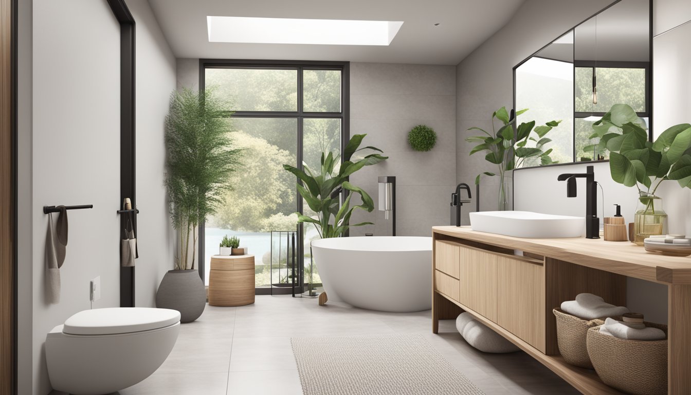 A modern, minimalist bathroom with sleek fixtures and natural elements. Neutral color palette with pops of greenery and wood accents. Clean lines and a sense of tranquility