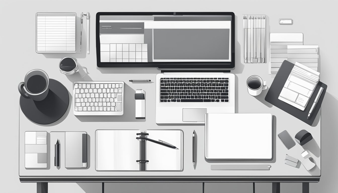A clean, minimalist desk with neatly organized stationery and a simple, monochrome color palette