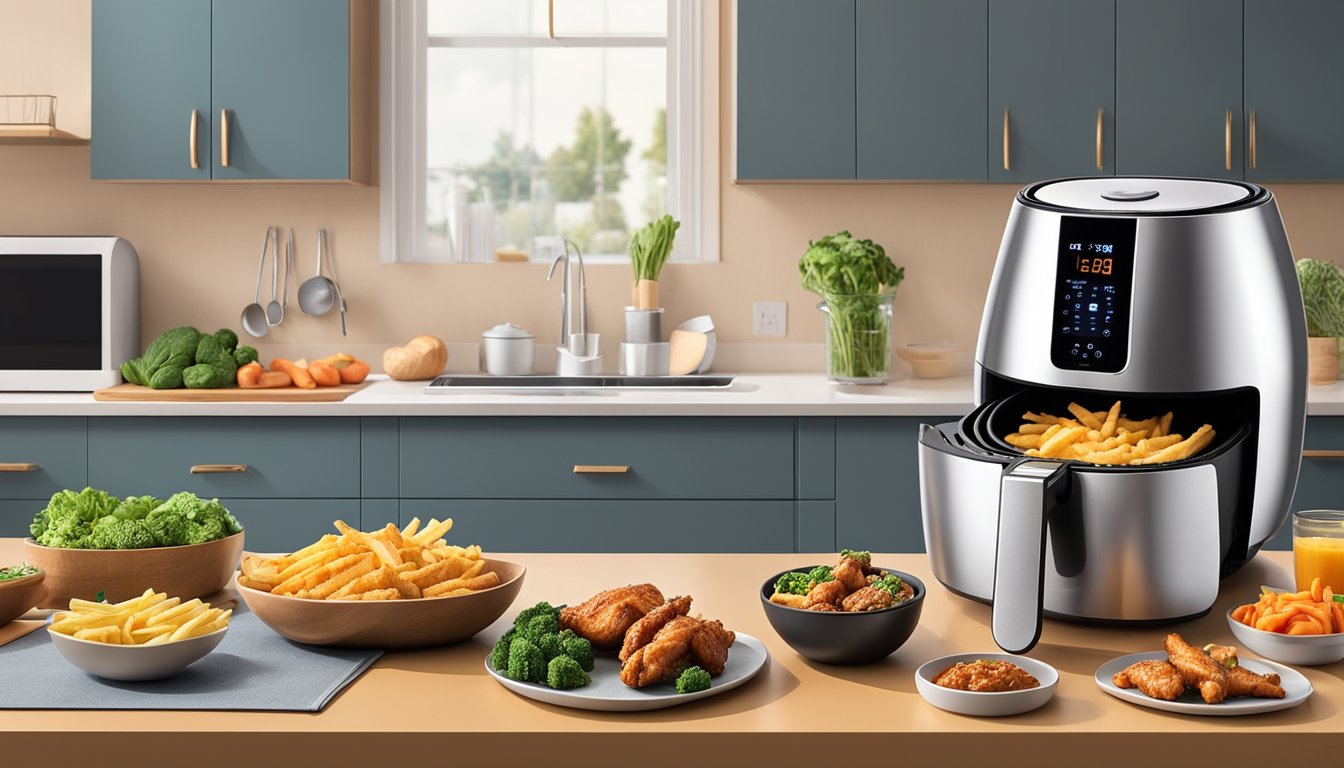 An air fryer sits on a kitchen countertop, surrounded by various food items such as vegetables, chicken wings, and french fries. The air fryer is sleek and modern, with a digital display and easy-to-use buttons