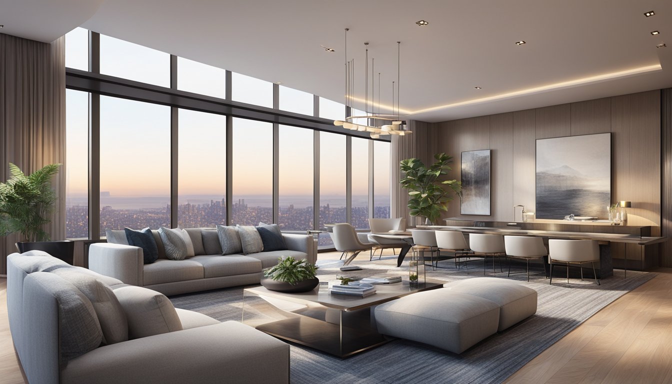 A spacious, open-concept living room with sleek, minimalist furniture and floor-to-ceiling windows offering panoramic city views. Luxurious finishes and modern decor create a sophisticated and elegant atmosphere