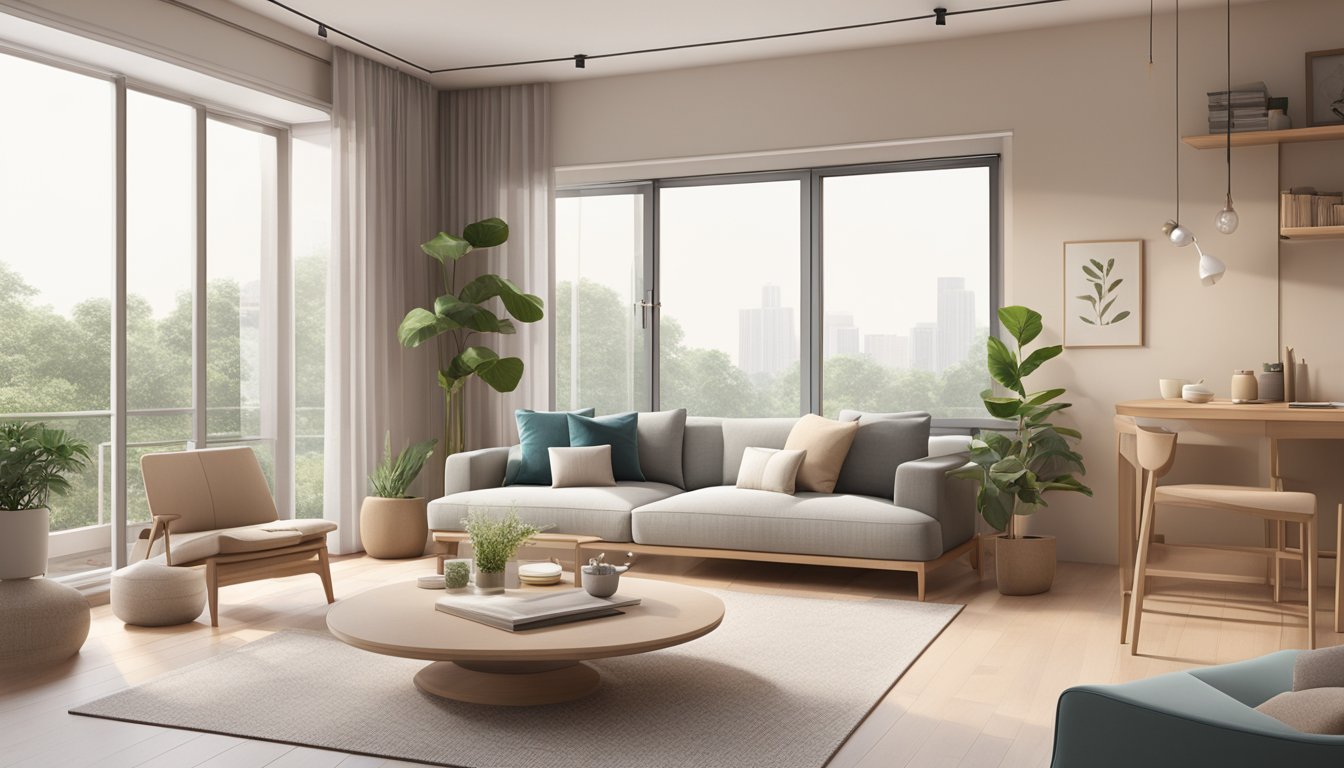 A cozy HDB living room with minimalist furniture, clean lines, and neutral colors. A large window lets in natural light, and a simple rug ties the room together