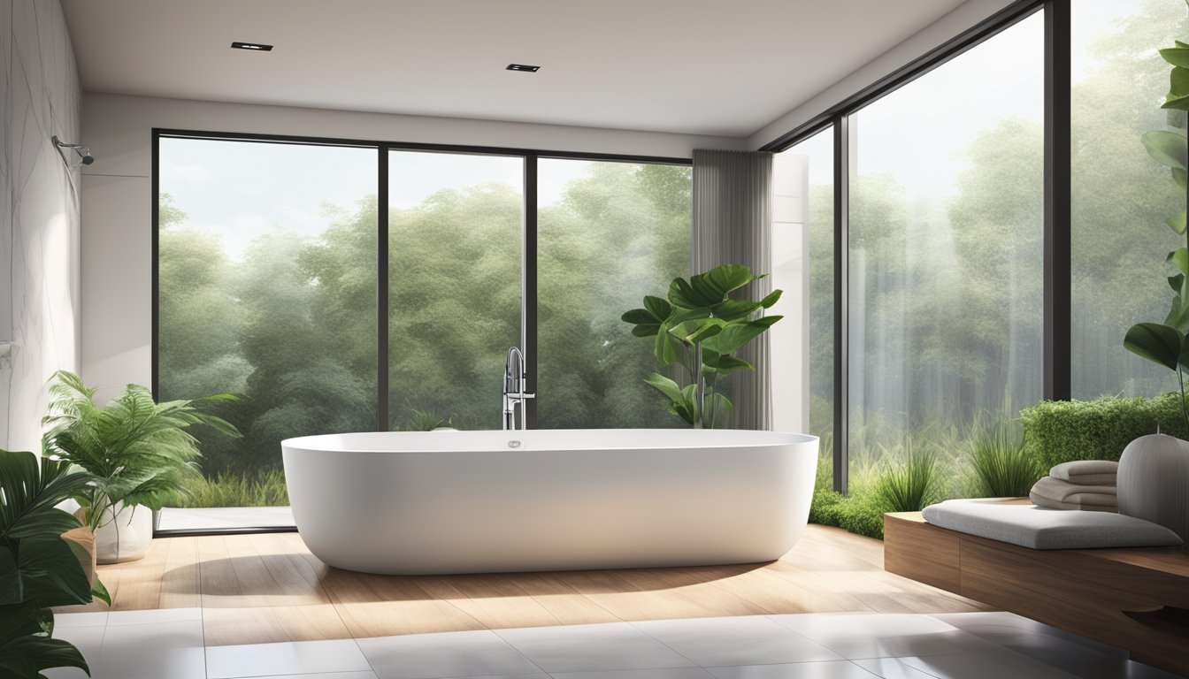A modern, sleek bathroom with clean lines and minimalist decor. A large, freestanding bathtub is the focal point, surrounded by natural light and greenery